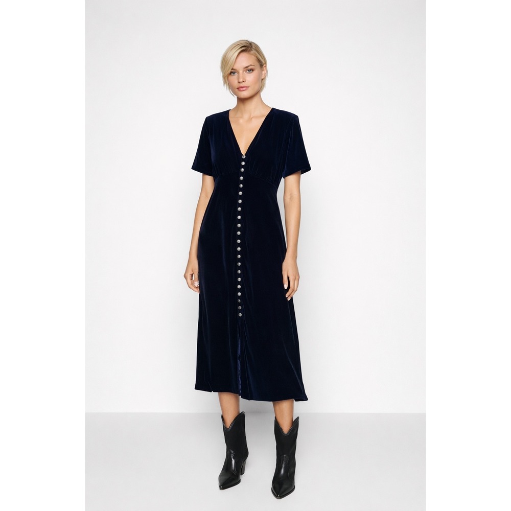 The Kooples Navy Blue Velvet V-Neck Midi Dress  Buttons FROB27232K Size‎ 6 NEW